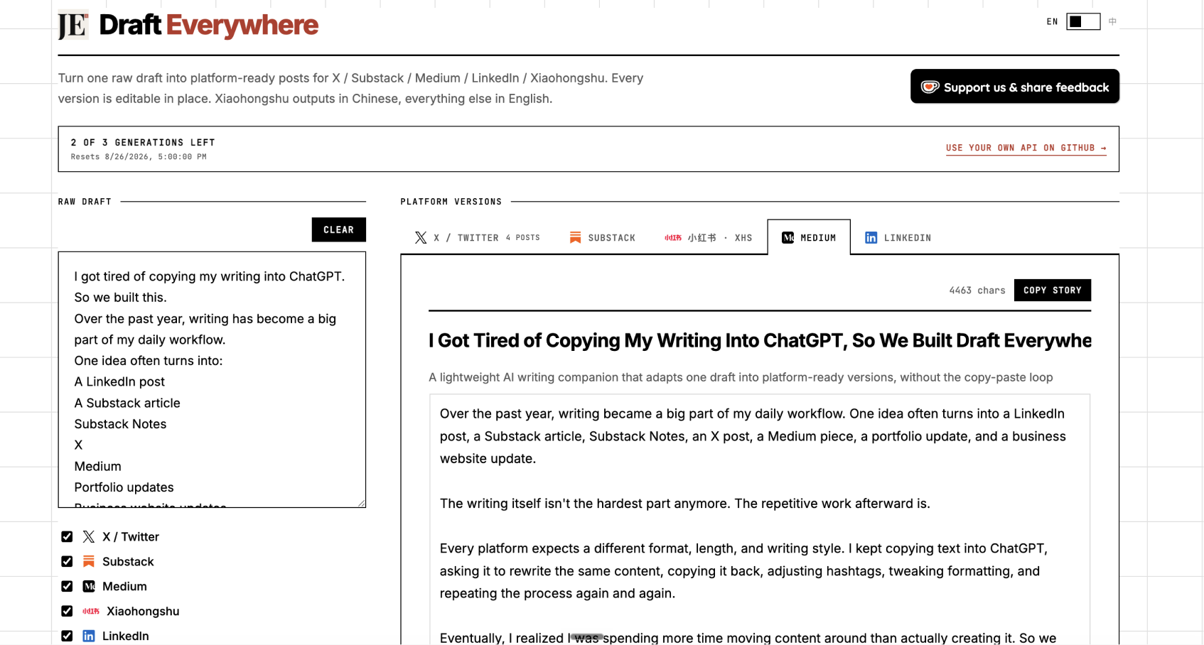 Draft Everywhere — raw draft alongside a platform-adapted article