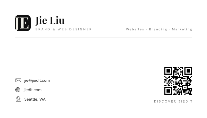 JIEDIT business card back with monogram, contact details and QR code